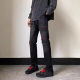 破洞贴布牛仔裤男ins潮牌嘻哈美式直筒拉链开叉长裤102B-NZ392P68，男装牛仔裤，星座102B