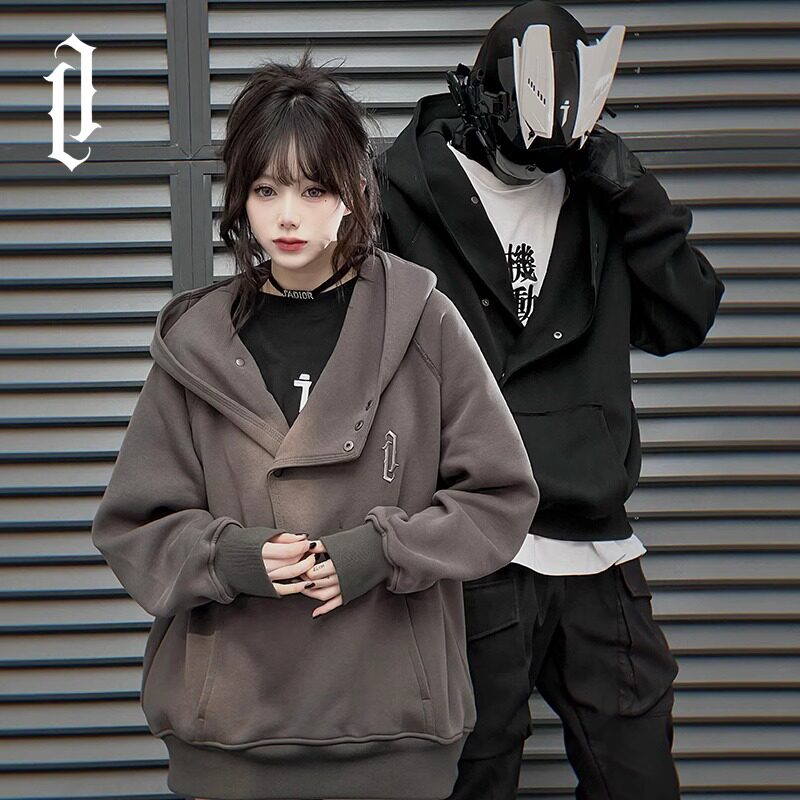 秋2025纽扣套头斜门襟连帽卫衣男女宽松休闲外套潮102B-W8953P58,女装短外套,星座102B