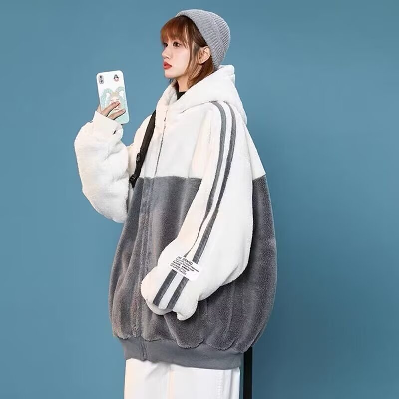 秋25羊羔绒街头潮流条纹拼接撞色连帽男女卫衣外套102B-W8136P65,女装短外套,星座102B