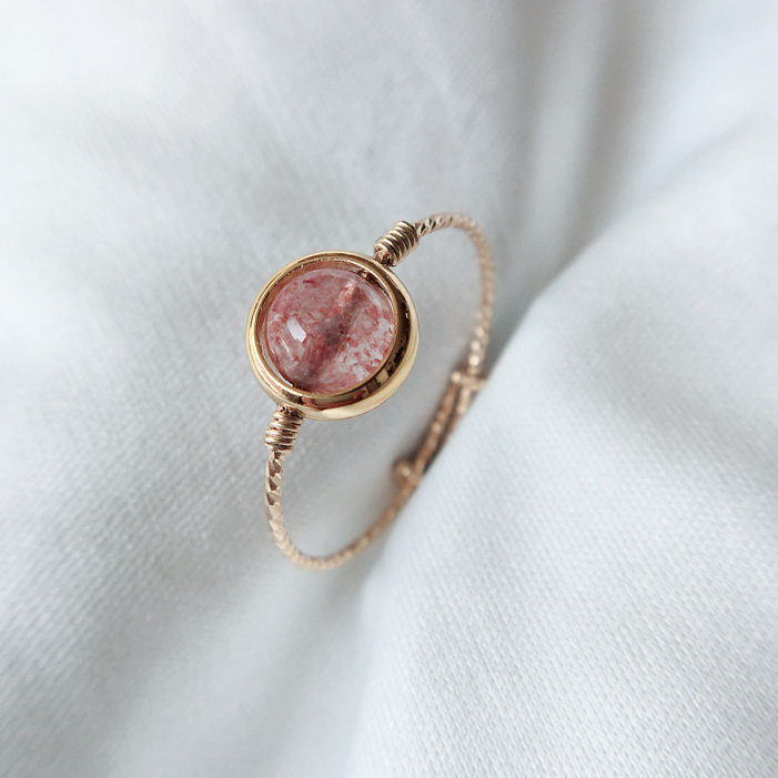 14k包金天然草莓晶手工简约大气可调节戒指女森系招桃花闺蜜礼物