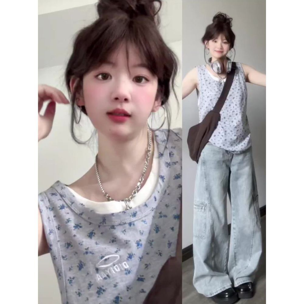 纯棉休闲吊带两件美式复古夏季百搭休闲碎花背心宽松坎肩无袖上衣