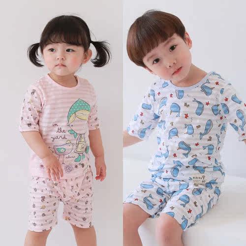 KIDSPIE韩国男童女童内衣睡衣宝宝家居服套装竹节棉短袖短裤宽松