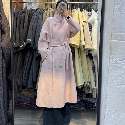 粉色双面羊绒大衣女2025秋冬新款韩系立领高级感中长款毛呢外套