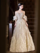 2025新款 香槟色晚礼服高级感订婚礼裙新娘敬酒服年会主持人礼服