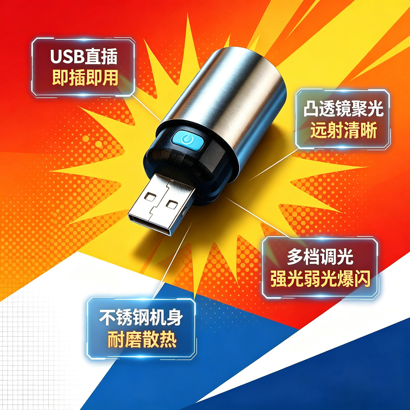 USB灯头强光LED可调聚焦手电筒配合充电宝移动电源使用露营户外灯