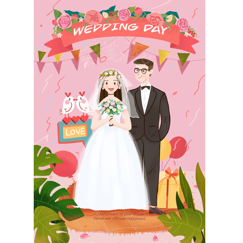 彩笔蓝定制卡通婚礼手绘请柬高端情侣插画漫画头像伴手礼邀请函设