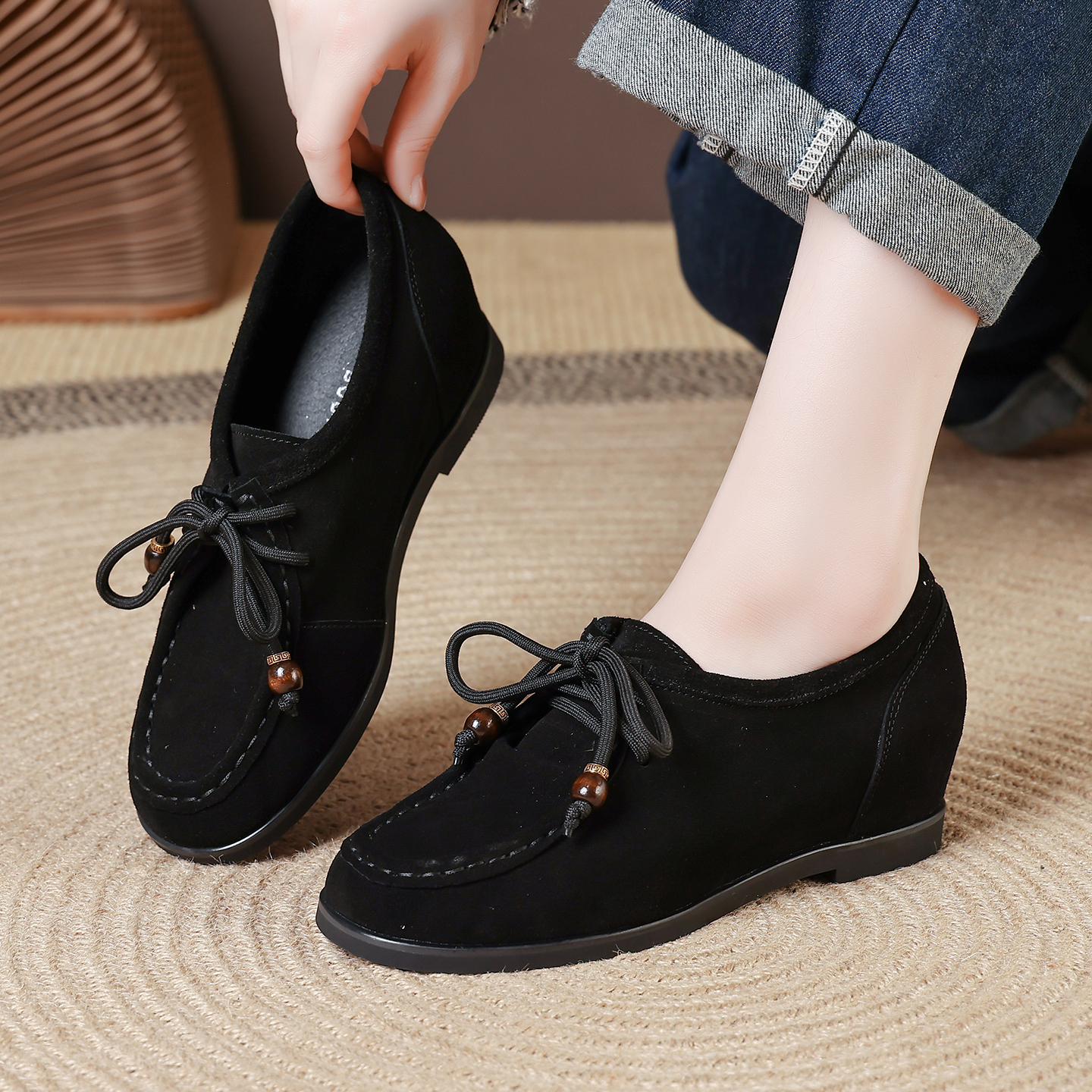 真皮四季小单鞋软皮软底舒适轻便内增高女鞋系带春秋中跟乐福鞋女