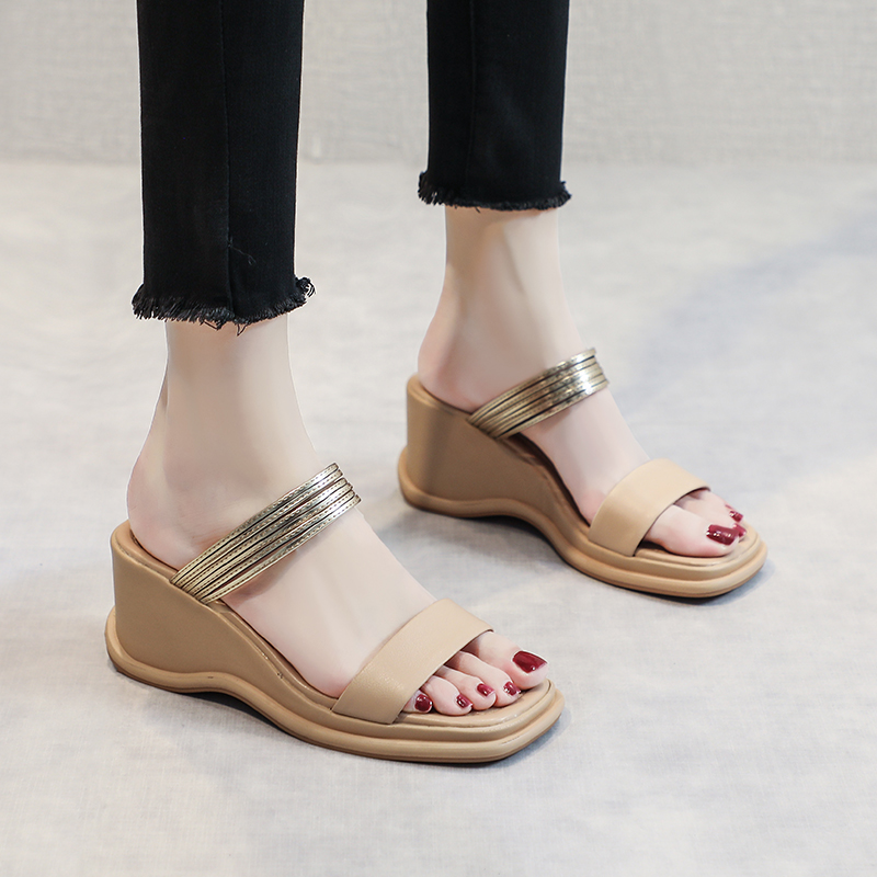 厚底坡跟凉拖真皮拖鞋女夏季外穿