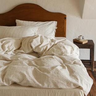 A类色织亚麻棉提花水洗棉棉麻不染原棉被套单件床单床笠四件套