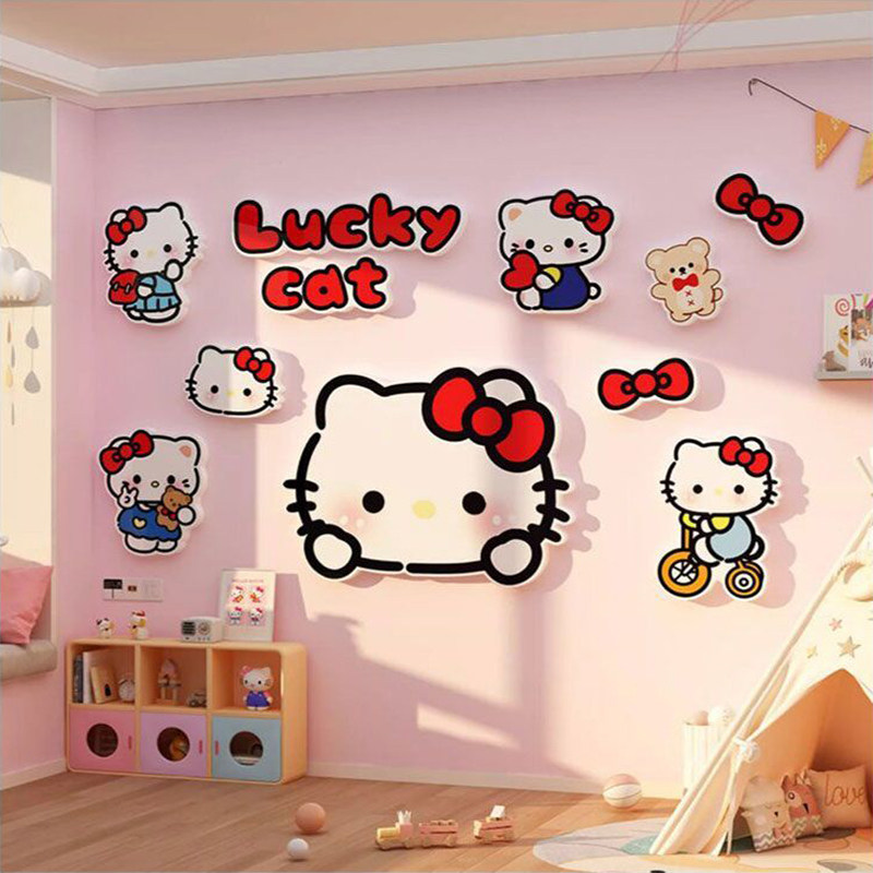 小女孩hellokitty主题房间装饰卡通床头卧室布置背景墙面自粘贴纸
