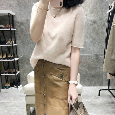 新款宽松纯色百搭卷边短袖针织衫