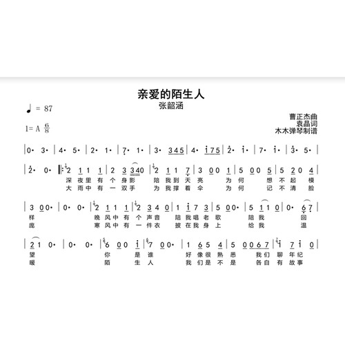 张韶涵 - 亲爱的陌生人 简谱电子版高清完整版曲谱扒谱