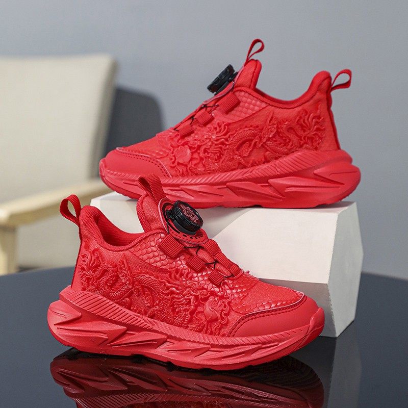 走英国Gopers潮牌男童鞋子红色喜事透气网面春节穿儿童运动跑步鞋