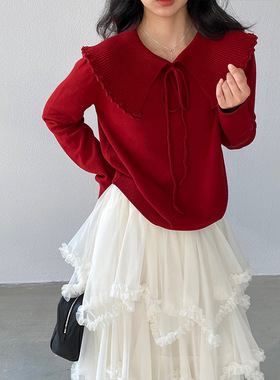江左 韩系减龄娃娃领系带针织衫女26春季显瘦独特好看上衣 251213