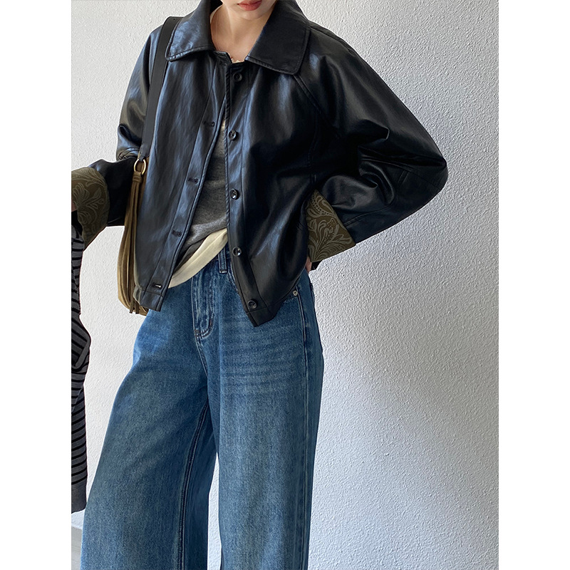 江左 复古翻领拼接黑色工装皮衣外套女早秋甜酷风宽松夹克 1667