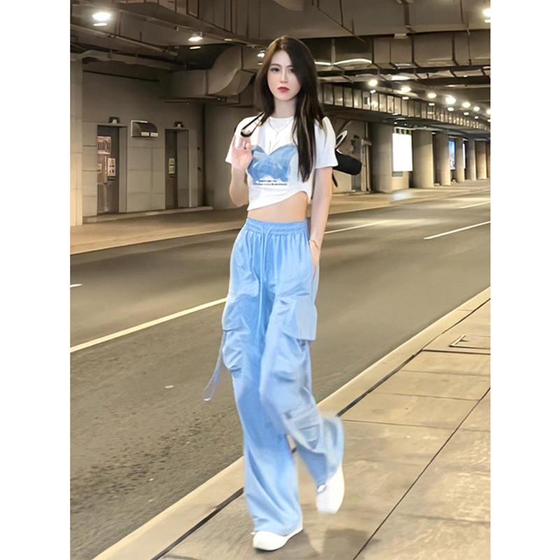夏季套装女2025新款小个子显高蝴蝶印花短袖T恤工装阔腿裤两件套