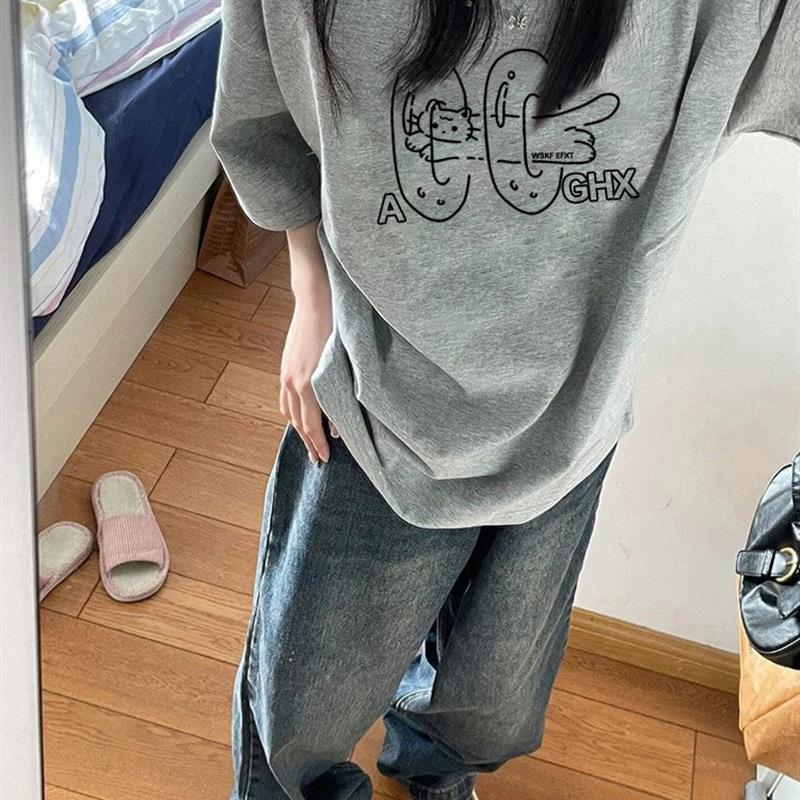 大码灰色纯棉宽松正肩显瘦短袖t恤女2025年新款夏装情侣圆领上衣