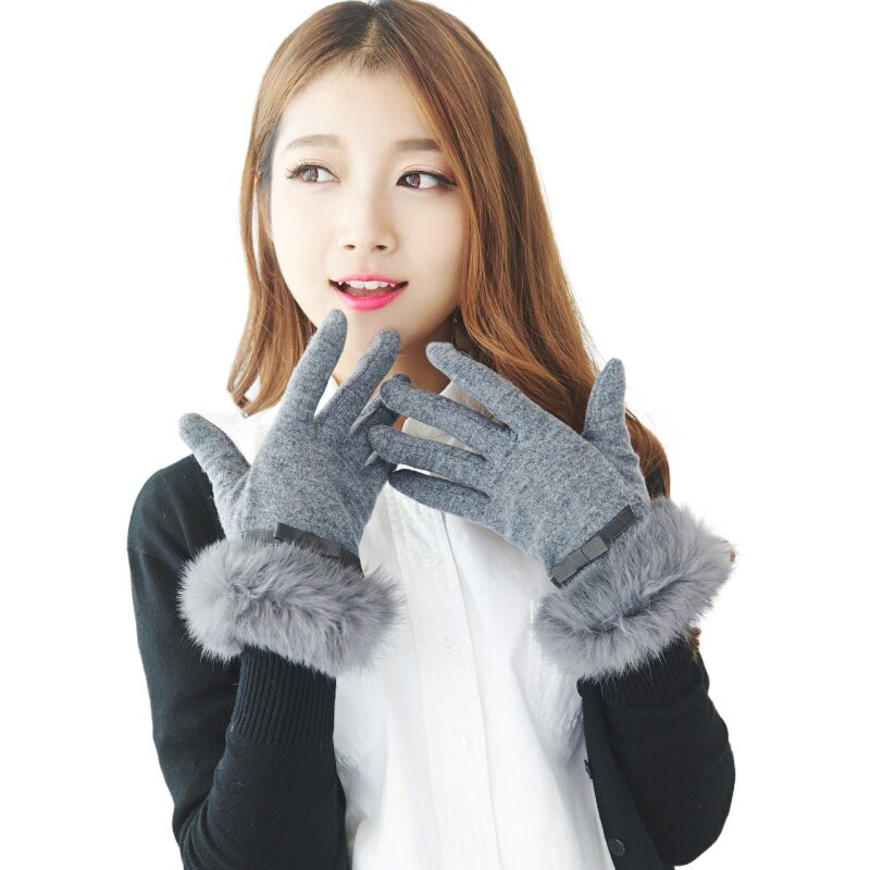秋冬季女全指兔羊毛针织毛线厚手套 加绒保暖毛毛可爱蝴蝶结韩版