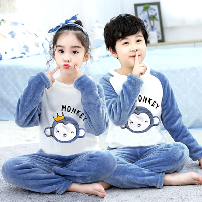 法兰绒女童小孩加厚宝宝家居服