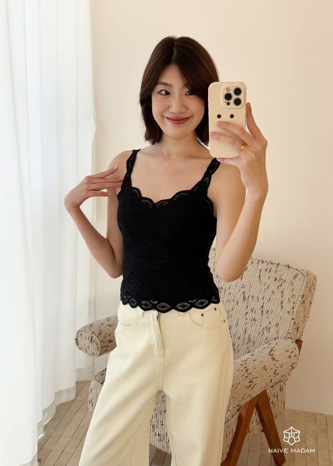 棉质勾花蕾丝吊带背心胸垫内搭设计感小众性感镂空美背内目25277