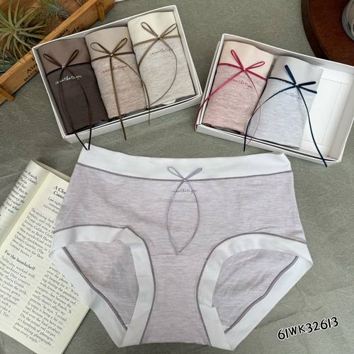 米娅林32613纯棉中腰内裤女可爱蝴蝶结包臀不夹蚕丝裆撞色三角裤