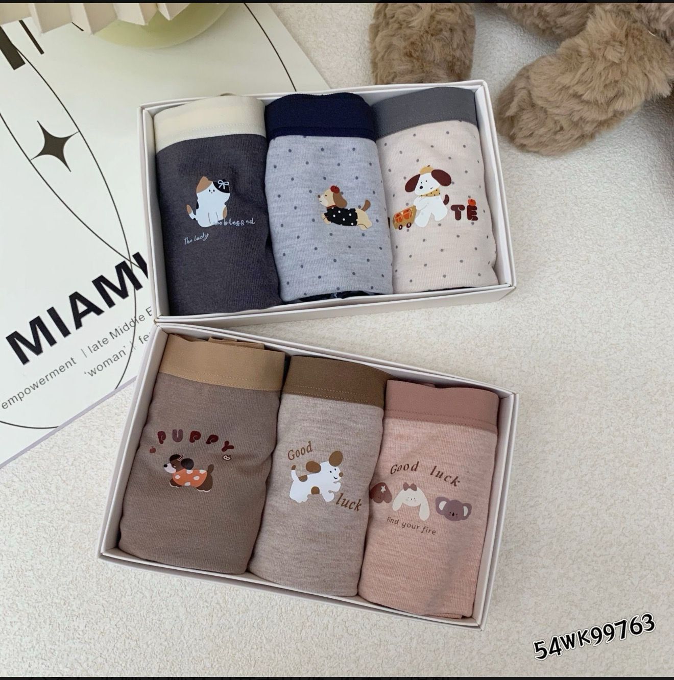 米娅林99763撞色萌宠磨毛内裤女可爱印花透气中腰少女学生三角裤