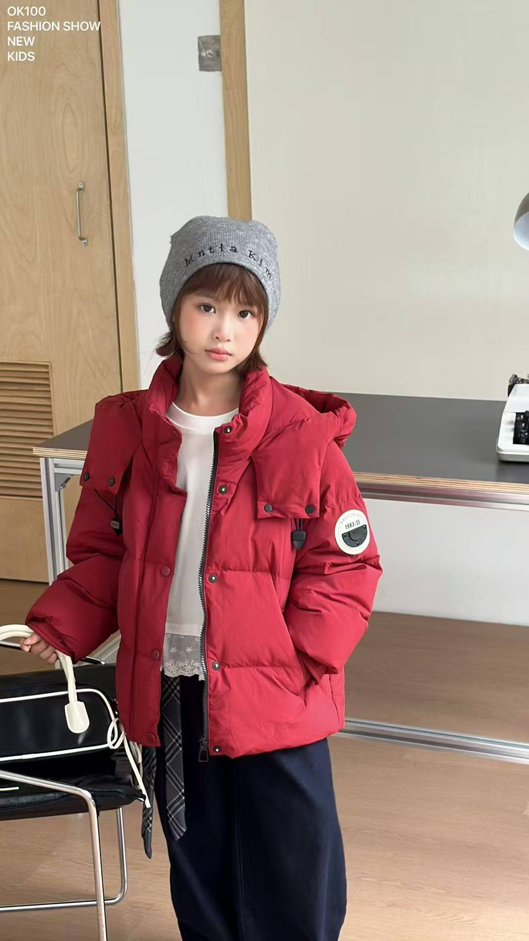 OK100男女童大红色羽绒服冬装洋气中大童25年装保暖拜年服外套