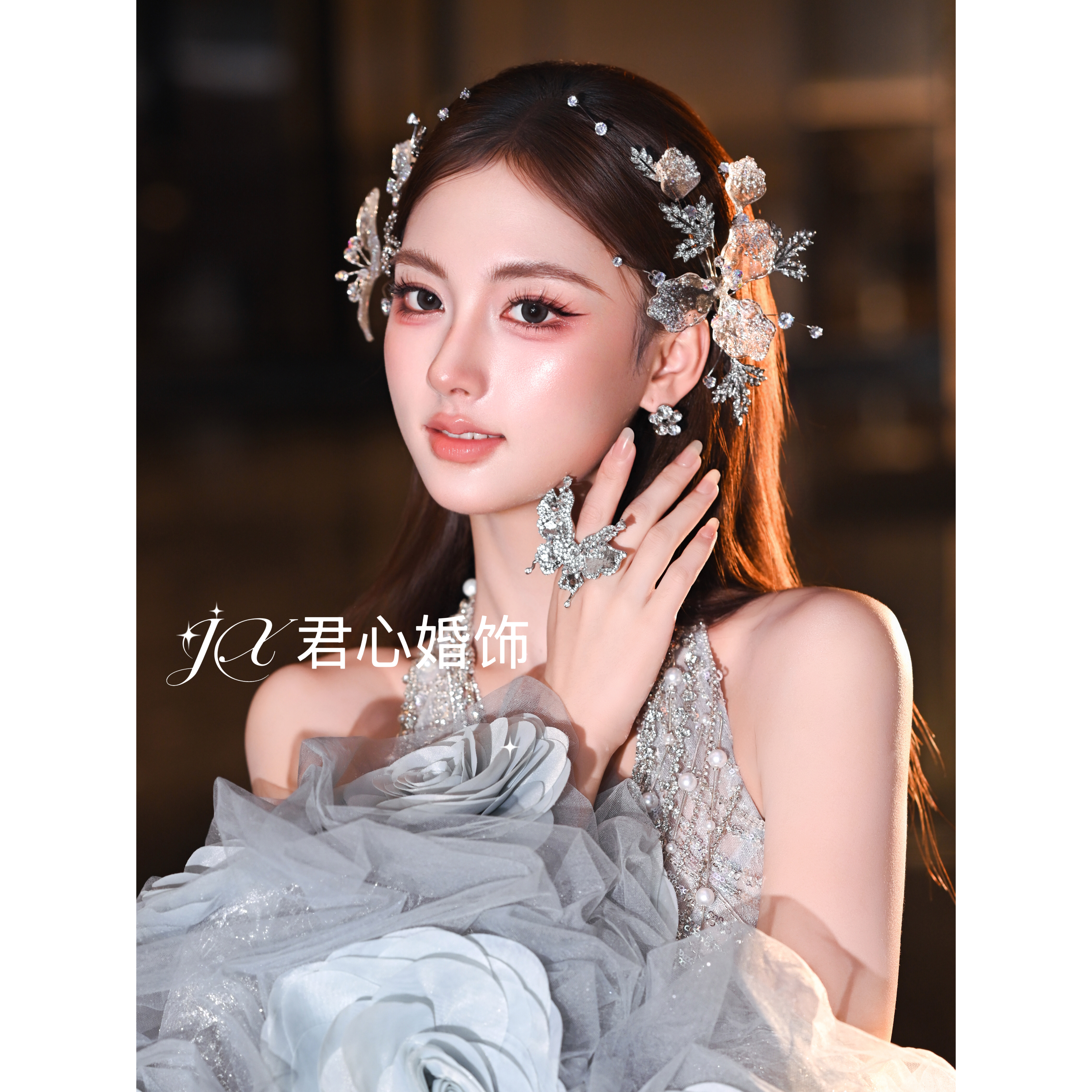 君心家 亮片水晶锆石造液花瓣边夹一对新娘个性百搭礼服头饰