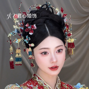 君心家 xsD478红蓝撞色不对称发钗九件套新娘秀禾头饰