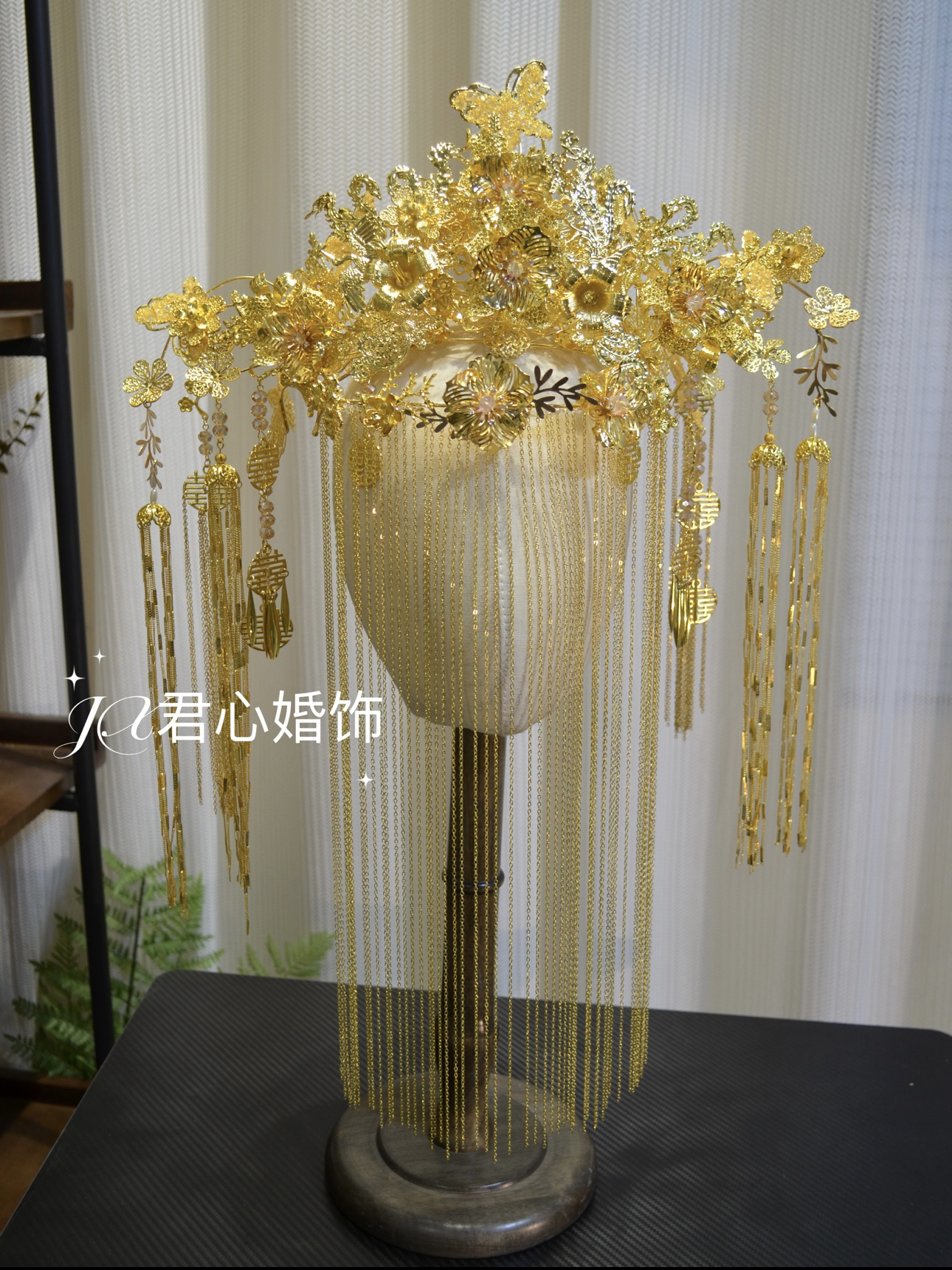 君心家 690金色半冠面帘耳环套装新娘中式礼服黄金凤冠新娘头饰