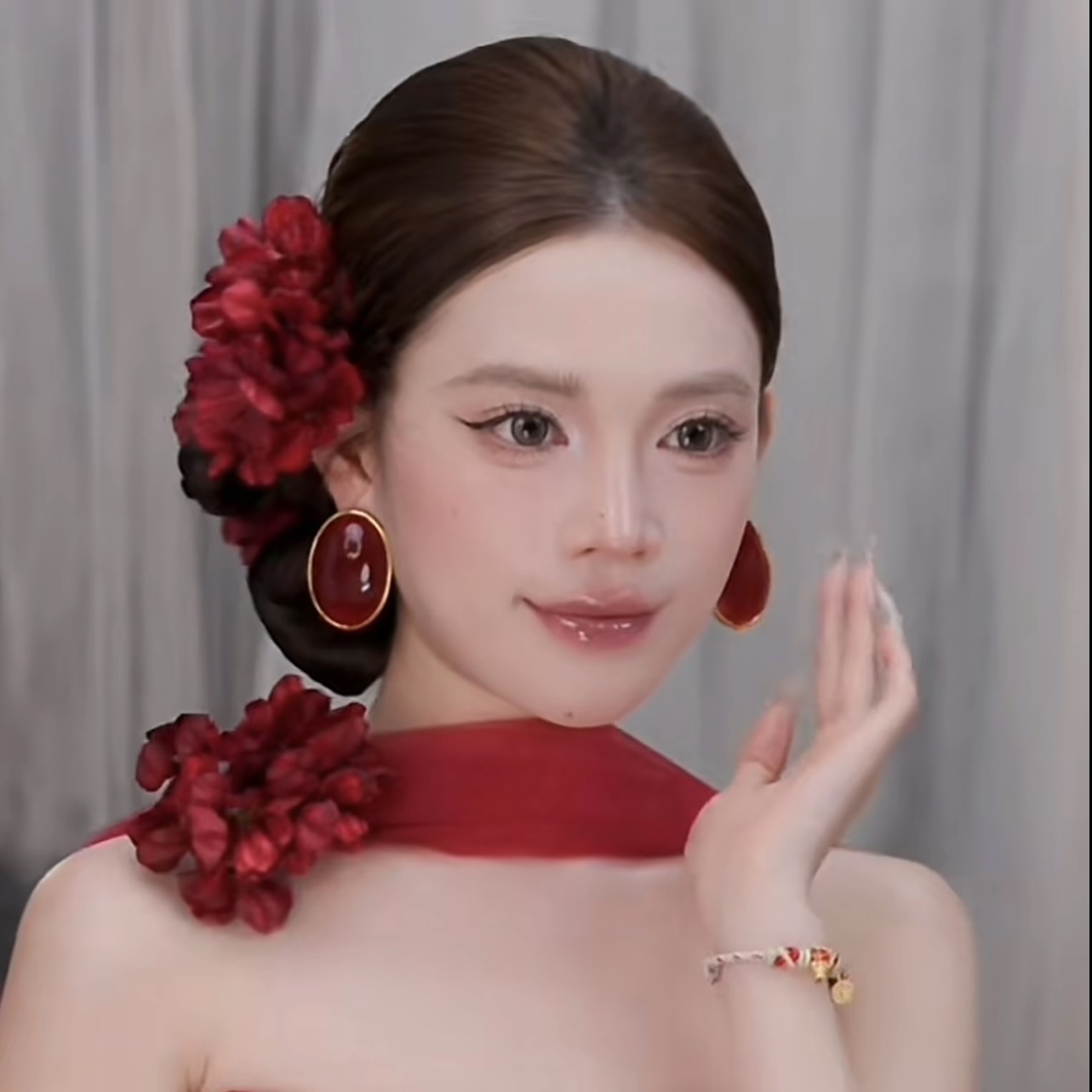 君心家 复古红花耳环套装新娘敬酒礼服极简配饰新娘饰品