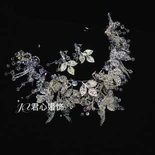 君心家 梦幻皇冠三件套 重工花叶水晶大王冠新娘婚纱主纱仪式