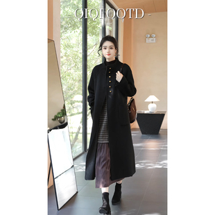 柒院家微胖大码女设计立领羊毛呢外套2025秋冬显瘦中长款加厚大衣