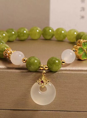 新中式天然石绿色碧玺手链女轻奢小众精致四叶草玉髓平安扣手串款