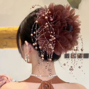 羽毛珠珠流苏花朵发夹蓬松牡丹花抓夹显发量鲨鱼夹子气质头花发饰