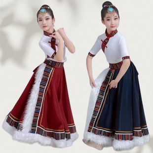 新款儿童藏服次仁拉索表演藏族舞蹈演出服装帽子少数民族头饰女裙