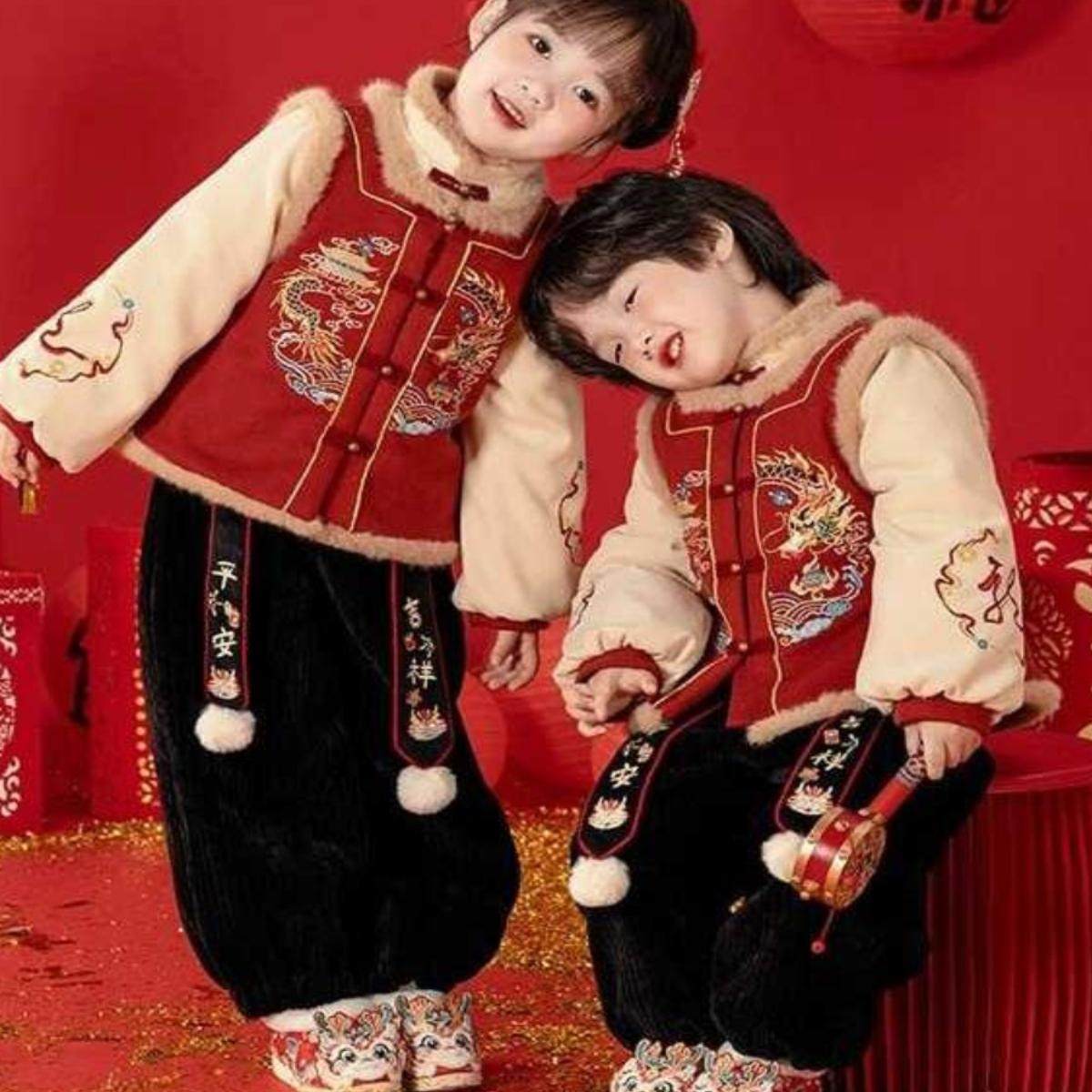 新年周岁礼服男宝宝拜年服喜庆唐装加绒女童&middot;冬季拜年服过年喜庆