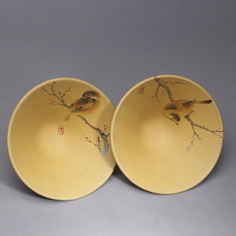 宜兴紫砂杯纯全手工斗笠杯主人杯原矿黄金段泥贴花鸟品茗杯对杯,餐饮具,茶杯,淘宝优惠券,粉丝福利购,淘宝优惠卷