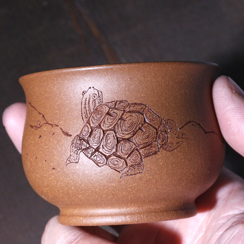 宜兴紫砂品茗杯手工刻绘原矿老段泥降坡泥茶杯茶盏主人杯长寿杯