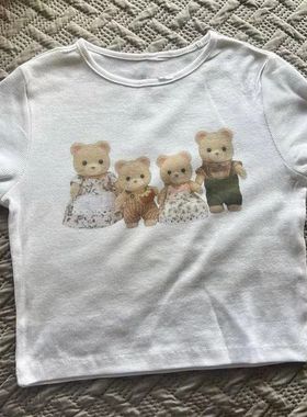 MoKie外贸小熊印花圆领短袖t恤上衣 可爱舒适时尚修身显短款短袖