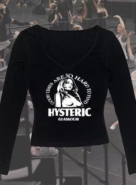 MoKie跨境时尚辣妹人物印花欧美短款圆领套头长袖女式T恤上衣