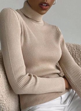 MoKie跨境高领毛衣针织打底衫欧美2025亚马逊秋装针织衫高领套头