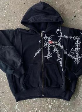 MoKie骷髅蝴蝶街头嘻哈哥特原宿Y2k黑色拉链双层连帽衫女外套卫衣