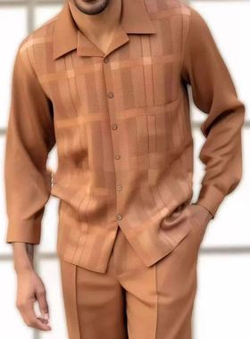 2025秋冬新款独立站热卖跨境欧美男士翻领长款衬衫休闲两件套套装