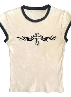 MoKie外贸新款设计感十字架荆棘印花图案短袖圆领修身复古时尚t恤