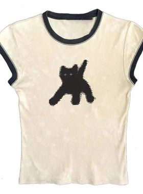 MoKie潮流风性感甜辣妹紧身短款设计感撞色穿搭短袖上衣女夏季