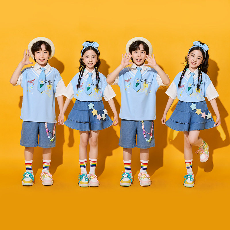 六一儿童演出服小学生运动会啦啦操班服合唱服表演蓝色假两件套装