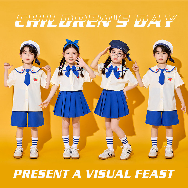 男童夏季蓝色学院风啦啦队演出服