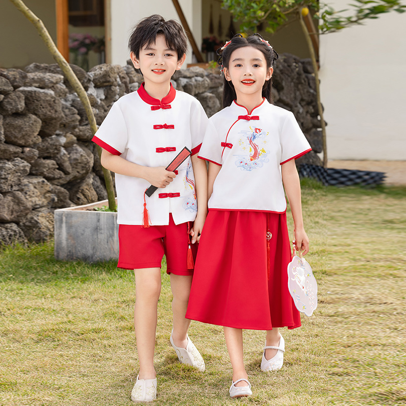 六一儿童合唱演出服中国风红色汉服套装幼儿园毕业拍照小学生唐装