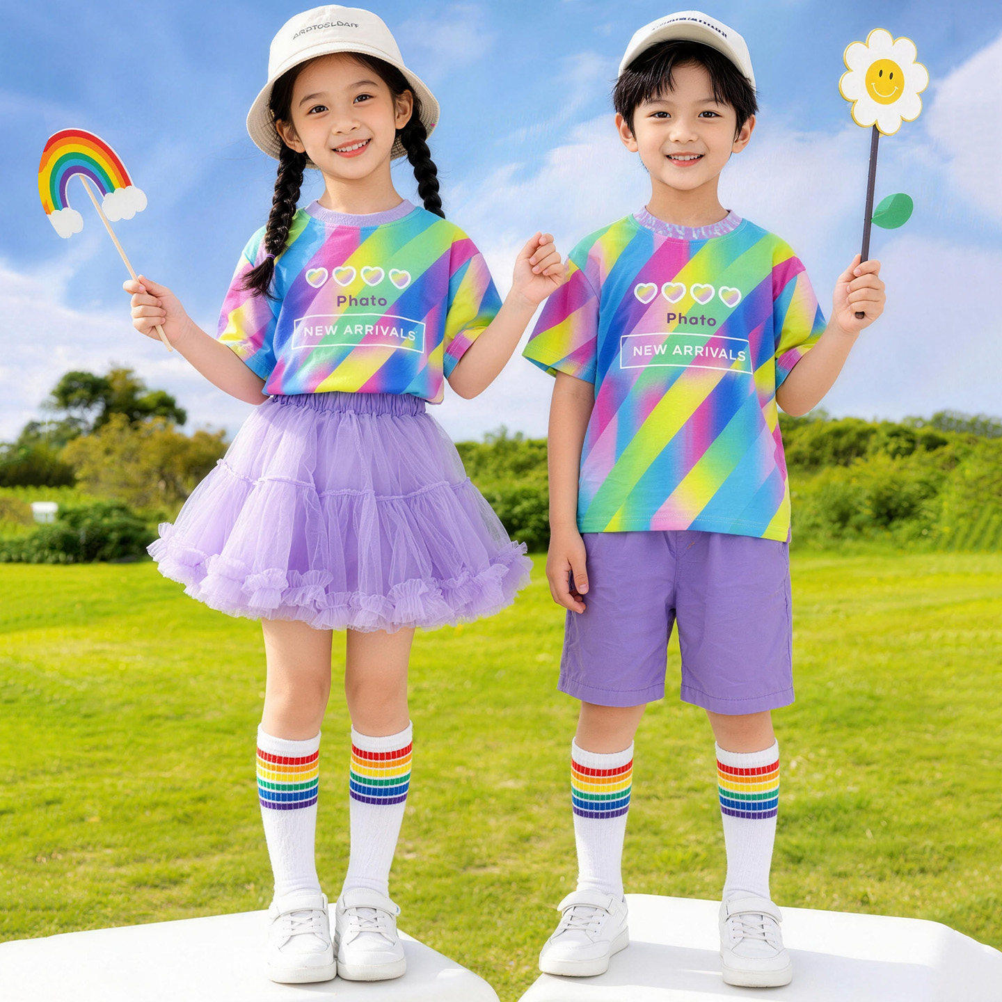 六一儿童彩虹晕染啦啦队演出服